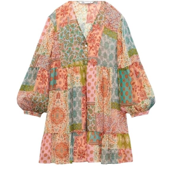 Zara Patchwork Print Dress Bohemian Pastel V Neck Peasant Babydoll Size M - Picture 1 of 11